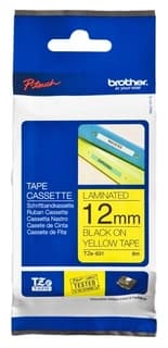 Cinta Brother Tze631 Etiqueta Amarilla Continua Laminada De 12 Mm Ancho X 8 Mts Largo. Impresión En Negro.