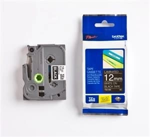 Cinta Brother Tze335 Etiqueta Negra Continua Laminada De 12 Mm Ancho X 8 Mts Largo. Impresión En Blanco.