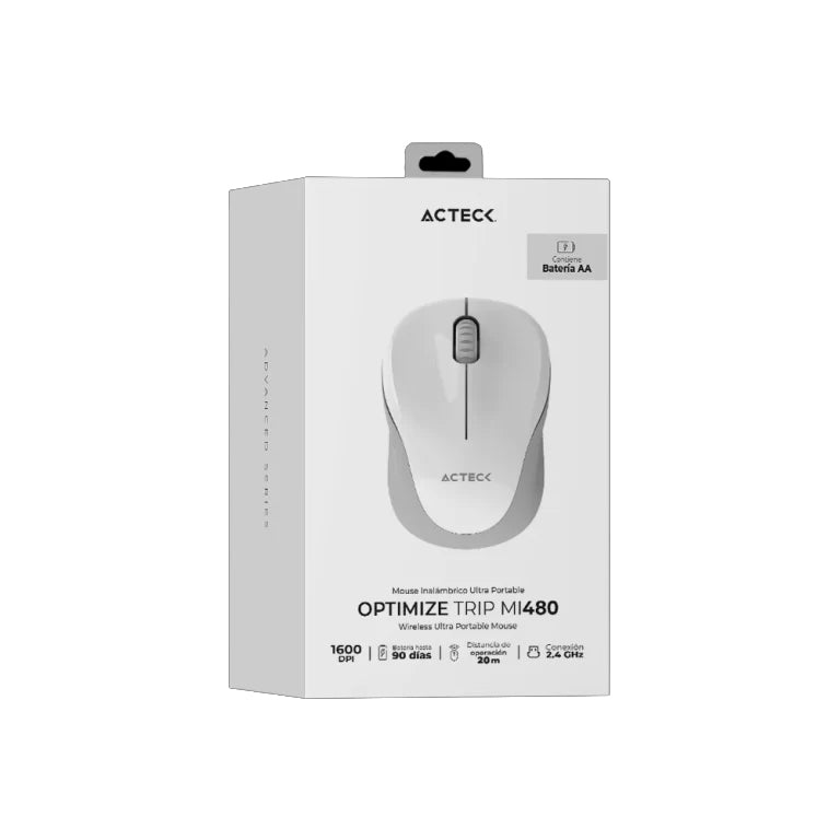 Mouse Inalambrico Acteck Optimize Trip Mi480 /2.4 Ghz / Diseño Ultra Portable / 1600 Dpi / S 2 Botones / 1Xbat Aa Incluida / Blanco / Ac-934886