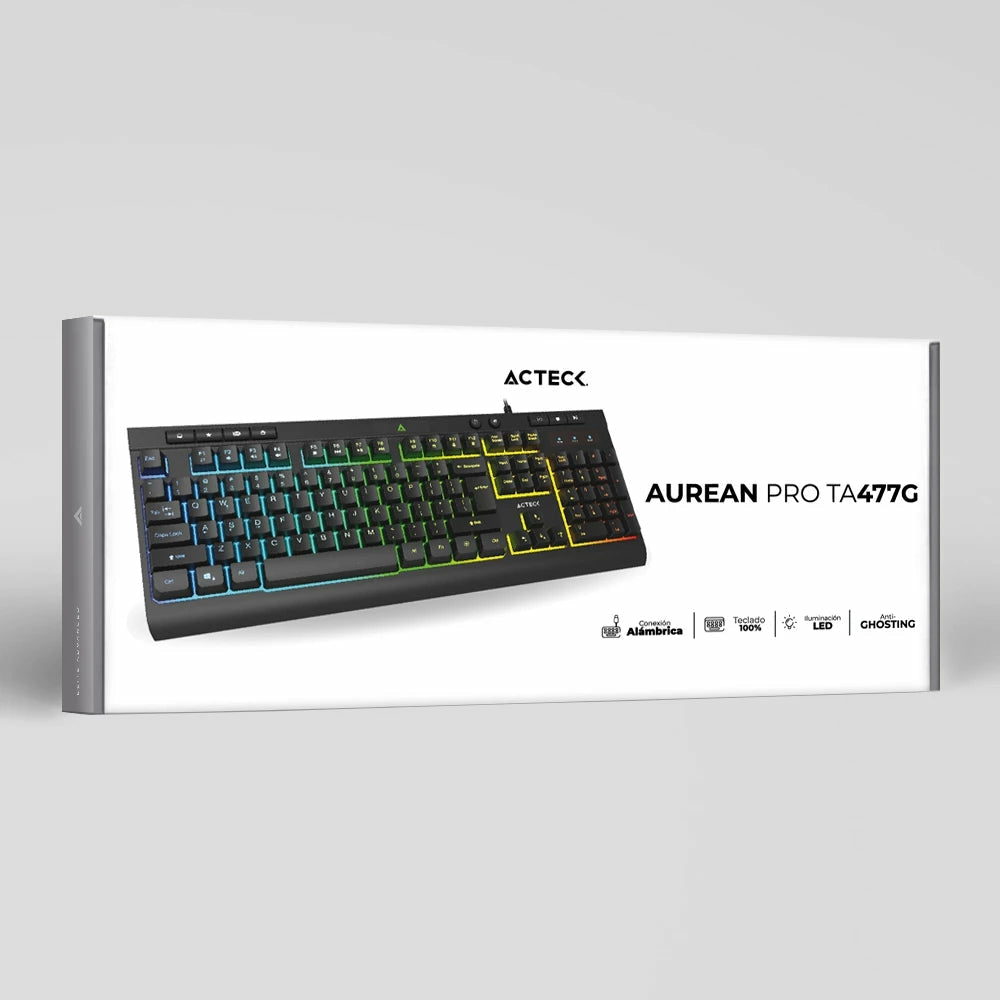 Teclado Acteck Aurean Pro Ta477G / Alambrico Usb / Multimedia / Iluminacion Rgb / Anti-Ghosting / 105 Teclas/ Membrana / Español / Negro / Ac-936743