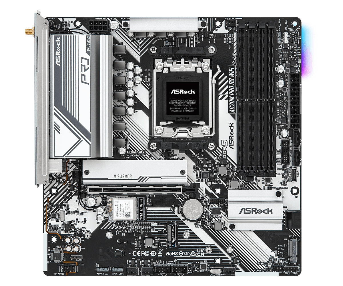 Mb Asrock A620M Pro Rs Wifi/Amd Am5/96 Gb Ddr5 7200Mhz/1 Pcie 4.0X16/4 Sata3/2 Hyper M.2/1 M.2/5 Usb 3.2/2 Usb Tipo Cx/Hdmi/Displayport