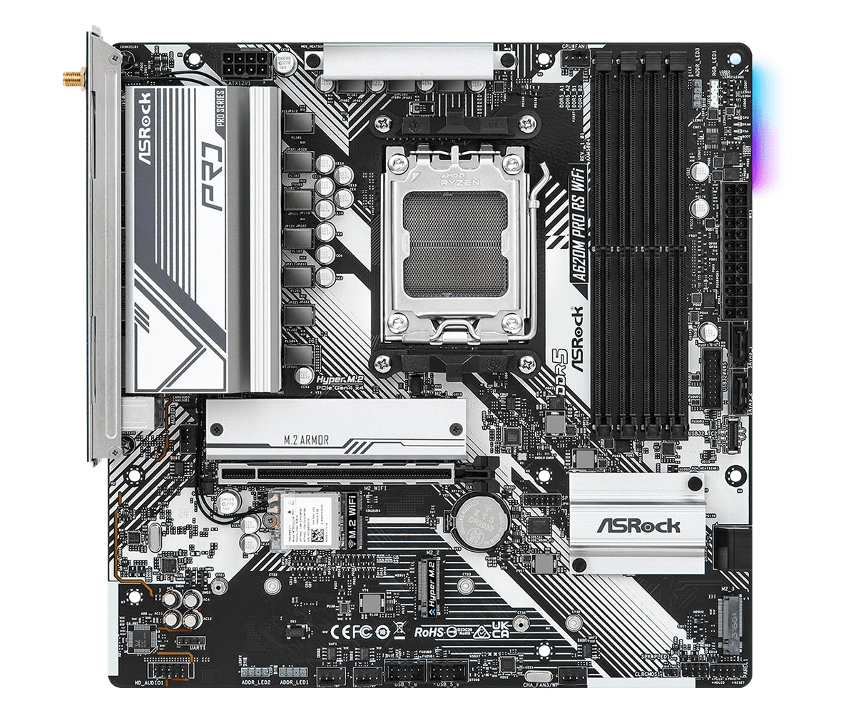 Mb Asrock A620M Pro Rs Wifi/Amd Am5/96 Gb Ddr5 7200Mhz/1 Pcie 4.0X16/4 Sata3/2 Hyper M.2/1 M.2/5 Usb 3.2/2 Usb Tipo Cx/Hdmi/Displayport