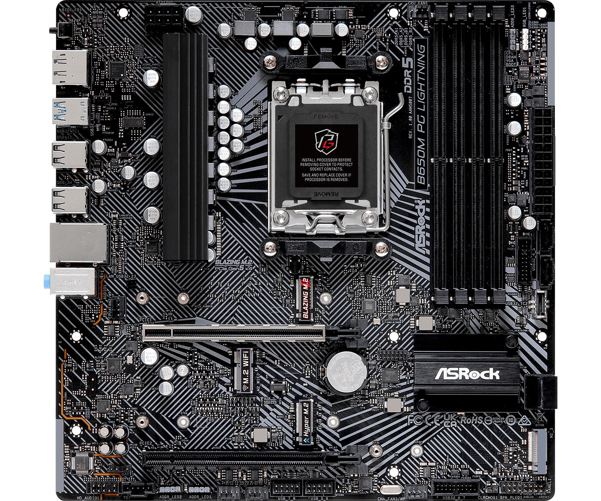 Mb Asrock B650M Phantom Gaming Lightning/Amd Am5/256 Gb Ddr5 7200+Oc/1 Pcie 4.0X16/1 Pcie 3.0X16/4 Sata3/1 Hyper M.2/1 M.2 Blazing/1 M.2 Key-E Para Wifi/2 Usb 3.2 C/7 Usb 3.2/Hdmi/Displayport