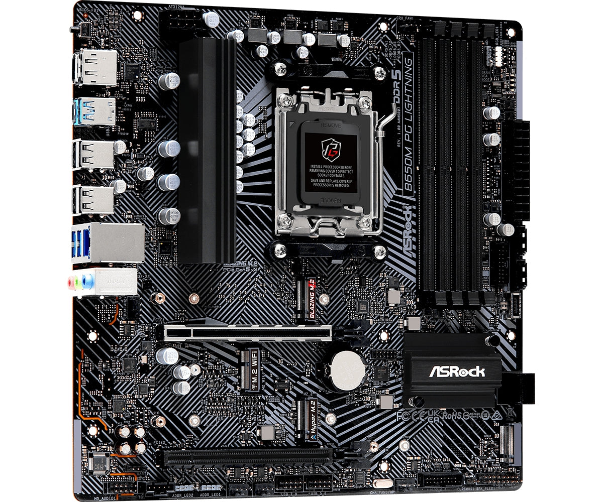 Mb Asrock B650M Phantom Gaming Lightning/Amd Am5/256 Gb Ddr5 7200+Oc/1 Pcie 4.0X16/1 Pcie 3.0X16/4 Sata3/1 Hyper M.2/1 M.2 Blazing/1 M.2 Key-E Para Wifi/2 Usb 3.2 C/7 Usb 3.2/Hdmi/Displayport