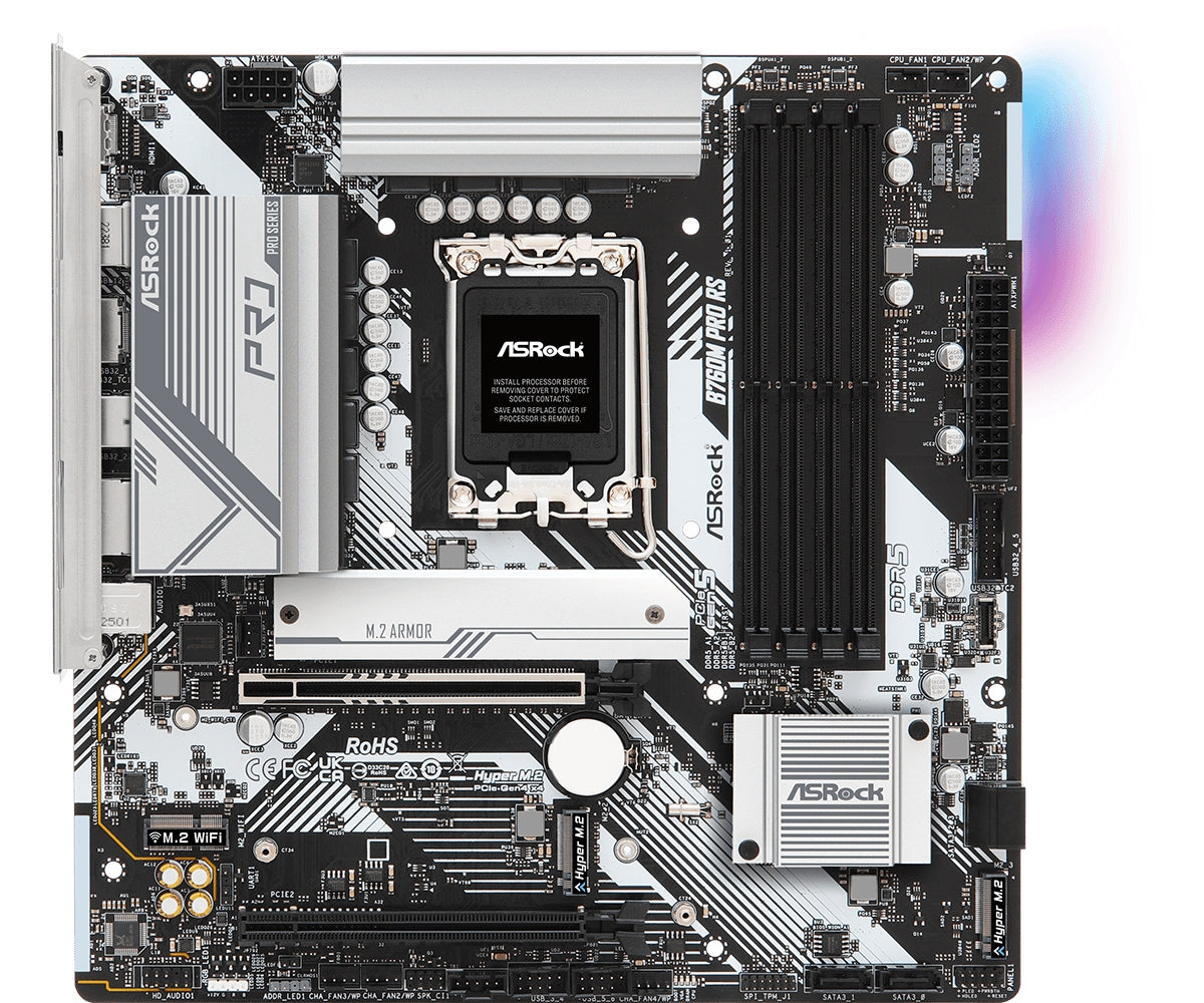 Mb Asrock B760M Pro Rs/14Th 13Th 12Th Va Gen/Lga 1700/192 Gb Ddr5 7200Mhz/1 Pcie 3.0X16/1 Pcie 5.0X16/4 Sata3/3 Hyper M.2/ 2 Usb Tipo C/5 Usb 3.2/6 Usb 2.0