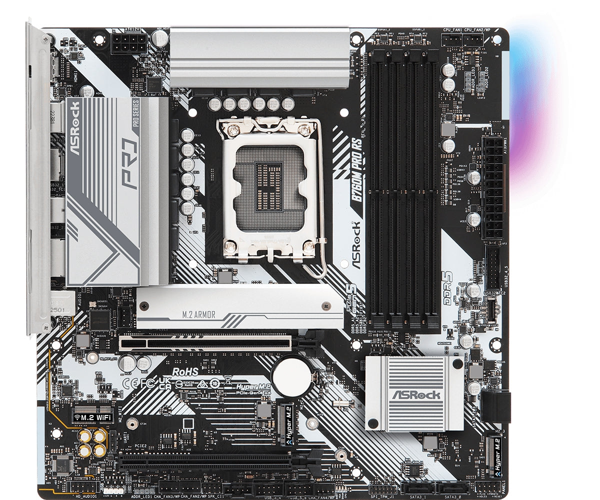 Mb Asrock B760M Pro Rs/14Th 13Th 12Th Va Gen/Lga 1700/192 Gb Ddr5 7200Mhz/1 Pcie 3.0X16/1 Pcie 5.0X16/4 Sata3/3 Hyper M.2/ 2 Usb Tipo C/5 Usb 3.2/6 Usb 2.0