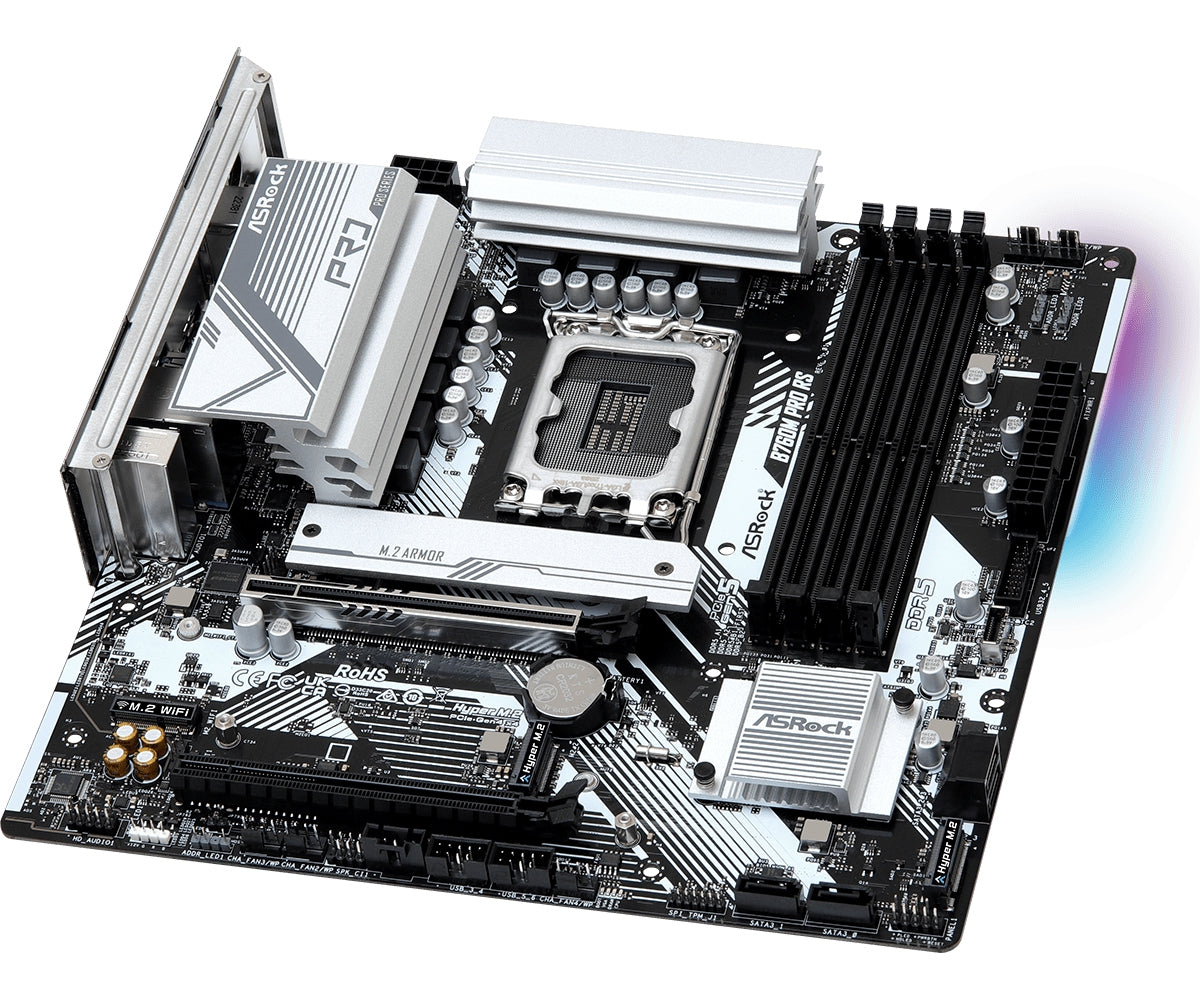 Mb Asrock B760M Pro Rs/14Th 13Th 12Th Va Gen/Lga 1700/192 Gb Ddr5 7200Mhz/1 Pcie 3.0X16/1 Pcie 5.0X16/4 Sata3/3 Hyper M.2/ 2 Usb Tipo C/5 Usb 3.2/6 Usb 2.0