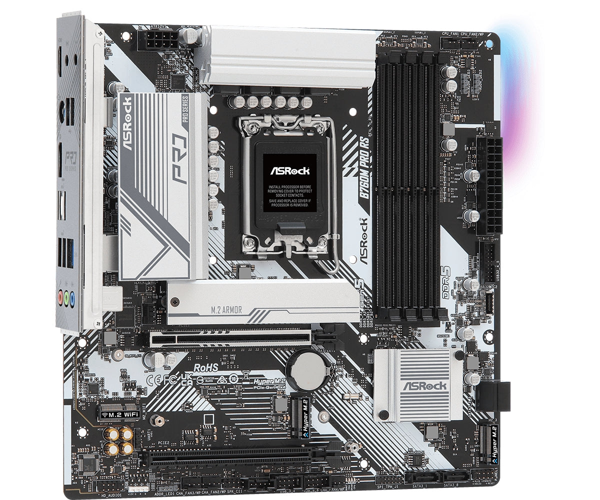 Mb Asrock B760M Pro Rs/14Th 13Th 12Th Va Gen/Lga 1700/192 Gb Ddr5 7200Mhz/1 Pcie 3.0X16/1 Pcie 5.0X16/4 Sata3/3 Hyper M.2/ 2 Usb Tipo C/5 Usb 3.2/6 Usb 2.0