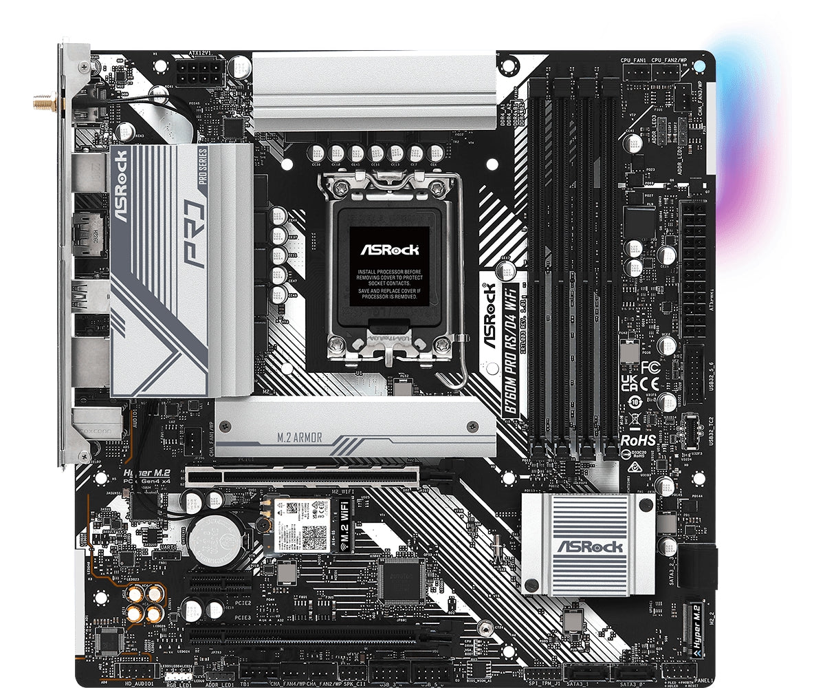 Mb Asrock B760M Pro Rs De Wifi/14Th 13Th 12Th Va Gen/Lga 1700/128 Gb Ddr 5333Mhz/1 Pcie 4.0X16/1 Pcie 4.0X1/4 Sata3/2 Hyper M.2/ 2 Usb Tipo C/5 Usb 3.2/6 Usb 2.0