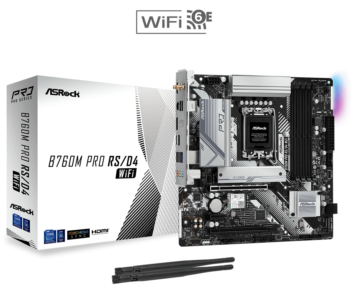 Mb Asrock B760M Pro Rs De Wifi/14Th 13Th 12Th Va Gen/Lga 1700/128 Gb Ddr 5333Mhz/1 Pcie 4.0X16/1 Pcie 4.0X1/4 Sata3/2 Hyper M.2/ 2 Usb Tipo C/5 Usb 3.2/6 Usb 2.0