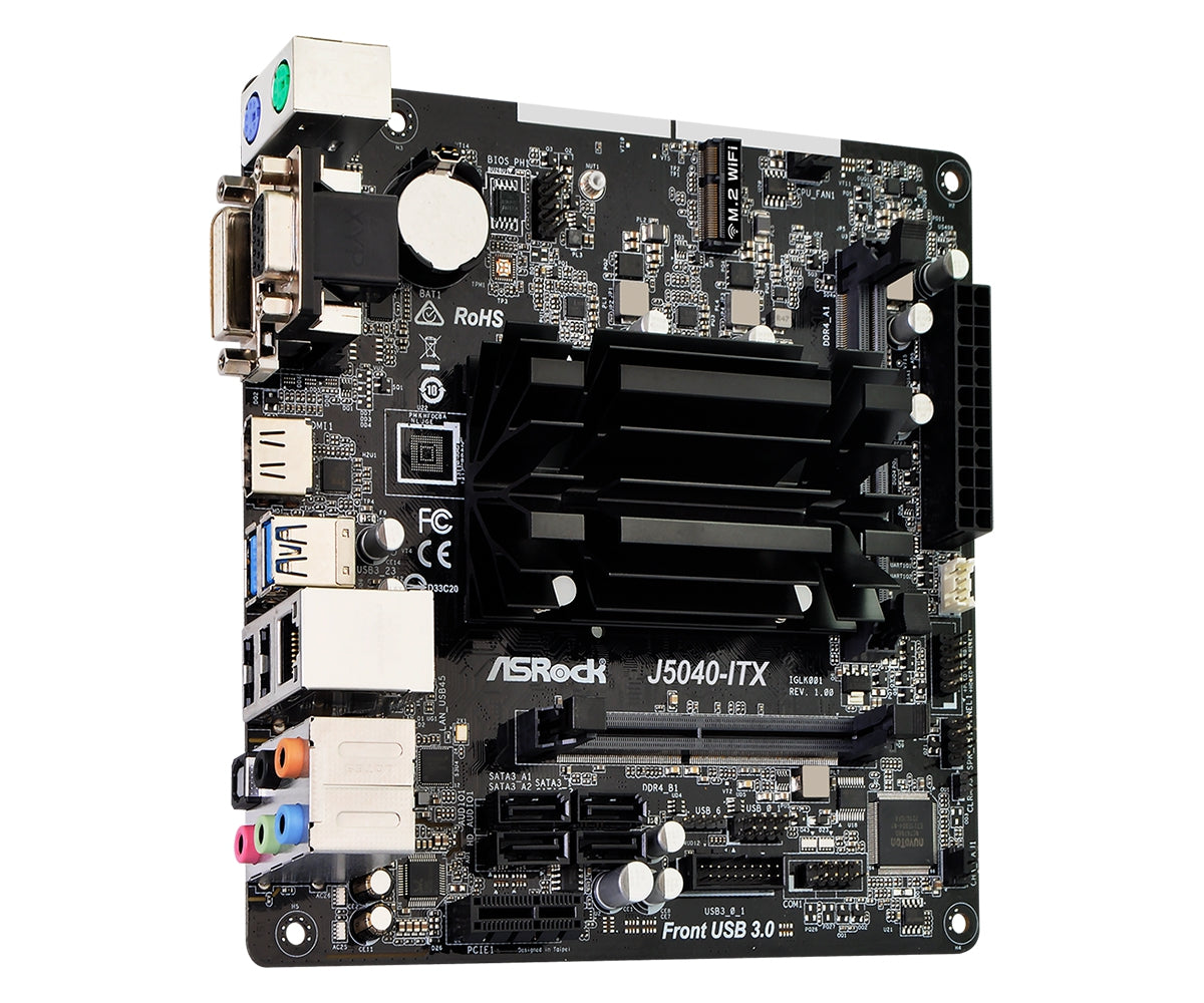 Mb Asrock J5040 Itx/Intel Quad-Core Pentium 3.2 Ghz/8 Gb Ddr4 2400Mhz/Graficos Integrados Uhd 605/D-Sub(2048X1536)60Hz/Hdmi 4K X 2K(4096X2160)60Hz/Dvi-D(1920X1200)60Hz/4 Sata3/1 Pcie 2.0 X1/1 X M.2