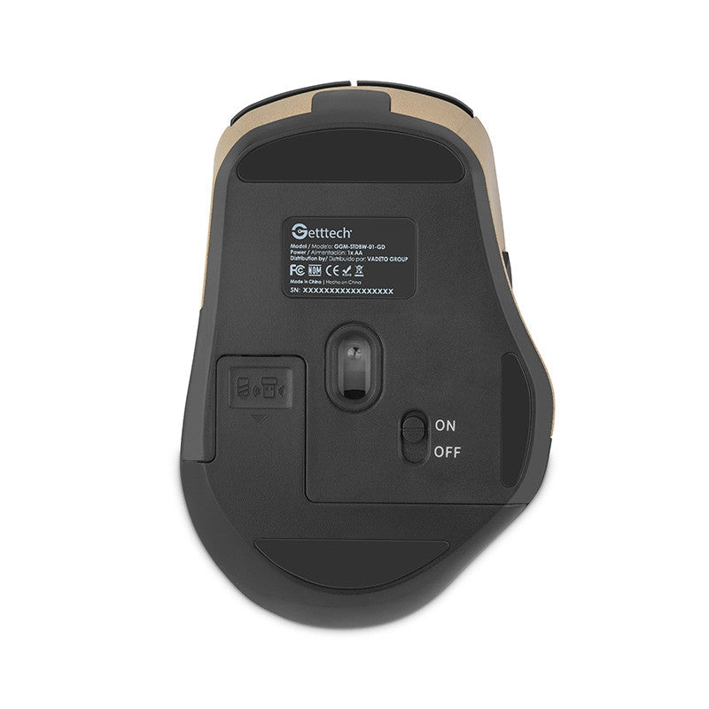 Mouse Getttech Inalambrico Silencioso Ergonomico Negro Y Dorado 6 Botones 1600 Dpi 2.4G+Bt Ggm-Stdbw-01-Gd