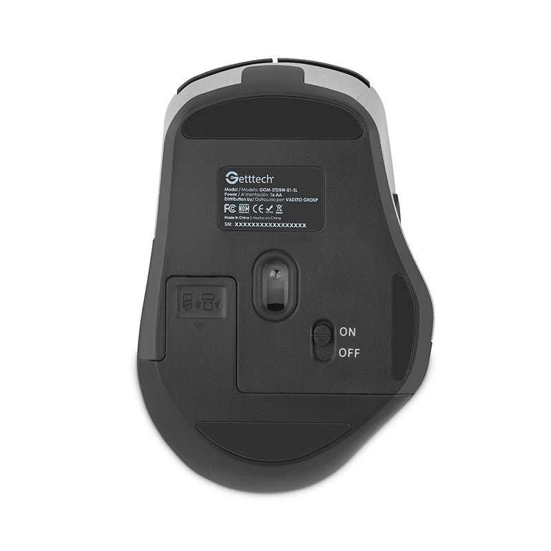 Mouse Getttech Inalambrico Silencioso Ergonomico Negro Y Plateado 6 Botones 1600 Dpi 2.4G+Bt Ggm-Stdbw-01-Sl