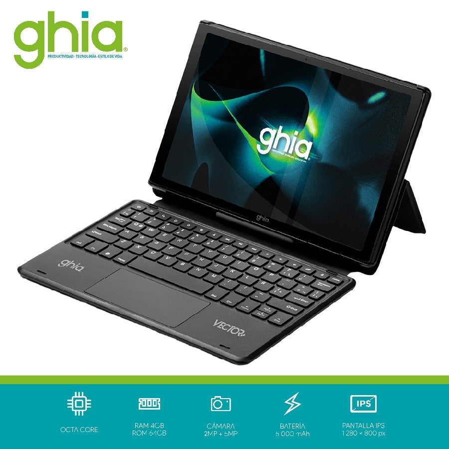 Tablet Ghia Vector Plus C/Teclado /A523 Octacore/4Gb Ram/64Gb /2Cam/Wifi/Bluetooth/5000Mah/Android 13 Negra