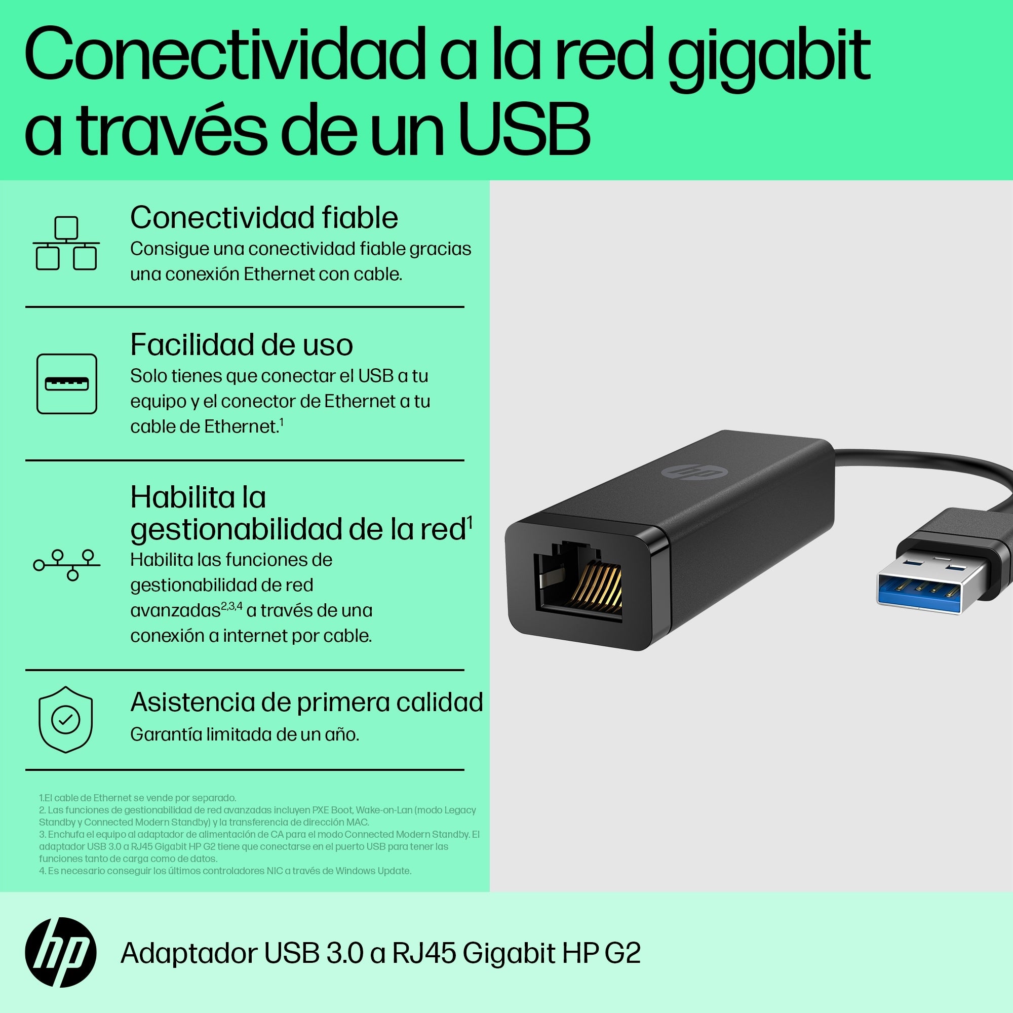 Adaptador De Red Hp G2 Usb-A A Rj45 Giganit Ethernet Negro