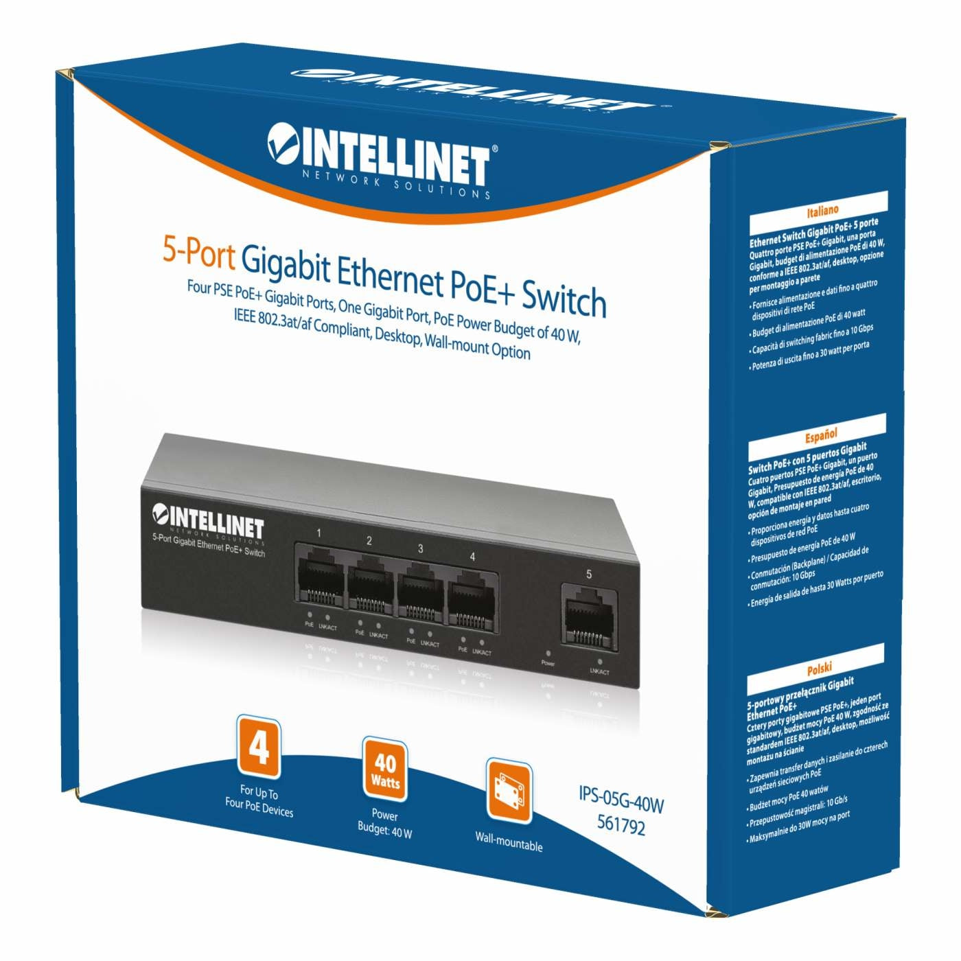 Switch Poe Intellinet Gb 5 Ptos(4Poe) 40W, 30W X Pto (561792)