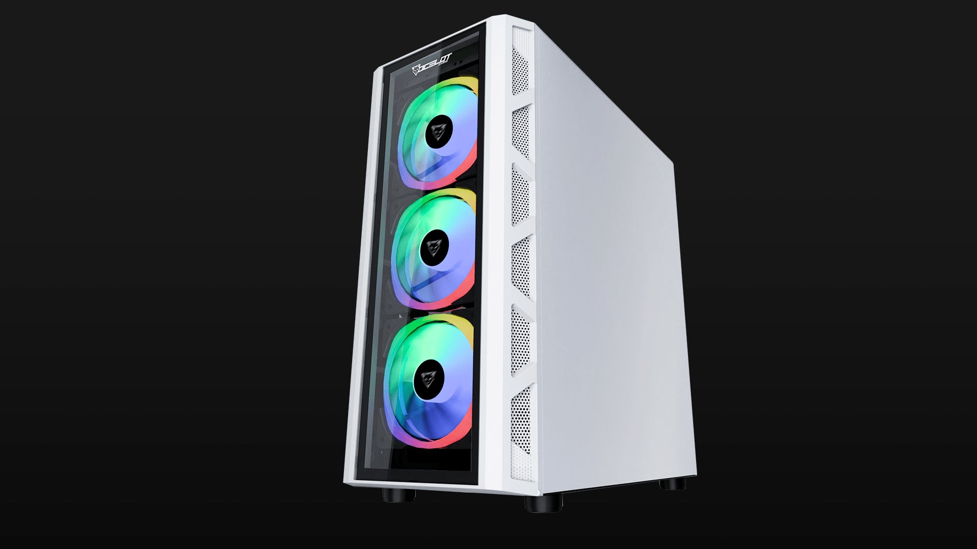 Gabinete Ocelot Gaming Soporta Tarjetas E-Atx , Color Totalmente Blanco Panel Lateral De Cristal Templado, Full Tower, Incluye Ventilaodres Argb, Soprte Para Gpu Horizontal Y Vertical.