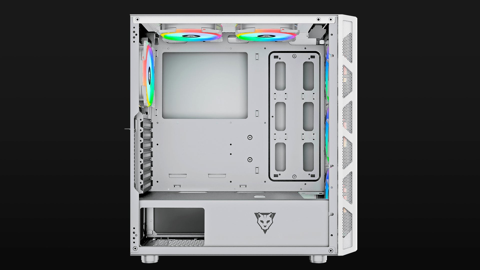 Gabinete Ocelot Gaming Soporta Tarjetas E-Atx , Color Totalmente Blanco Panel Lateral De Cristal Templado, Full Tower, Incluye Ventilaodres Argb, Soprte Para Gpu Horizontal Y Vertical.