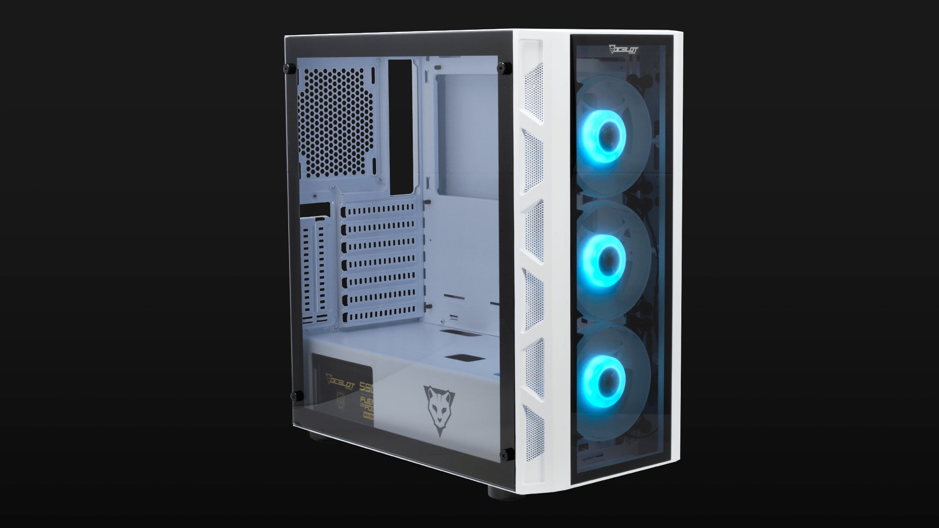 Gabinete Ocelot Gaming Soporta Tarjetas E-Atx , Color Totalmente Blanco Panel Lateral De Cristal Templado, Full Tower, Incluye Ventilaodres Argb, Soprte Para Gpu Horizontal Y Vertical.