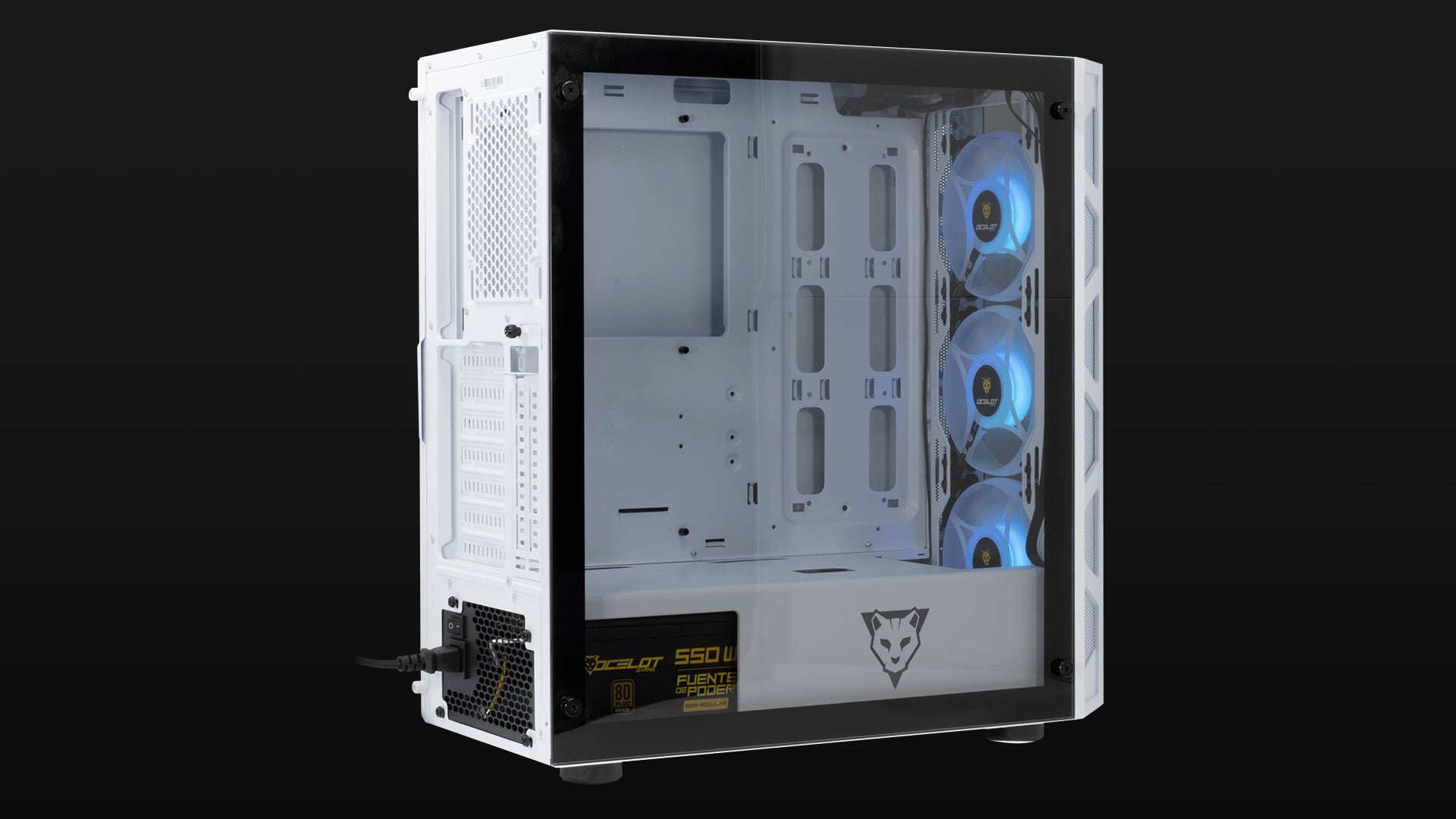 Gabinete Ocelot Gaming Soporta Tarjetas E-Atx , Color Totalmente Blanco Panel Lateral De Cristal Templado, Full Tower, Incluye Ventilaodres Argb, Soprte Para Gpu Horizontal Y Vertical.