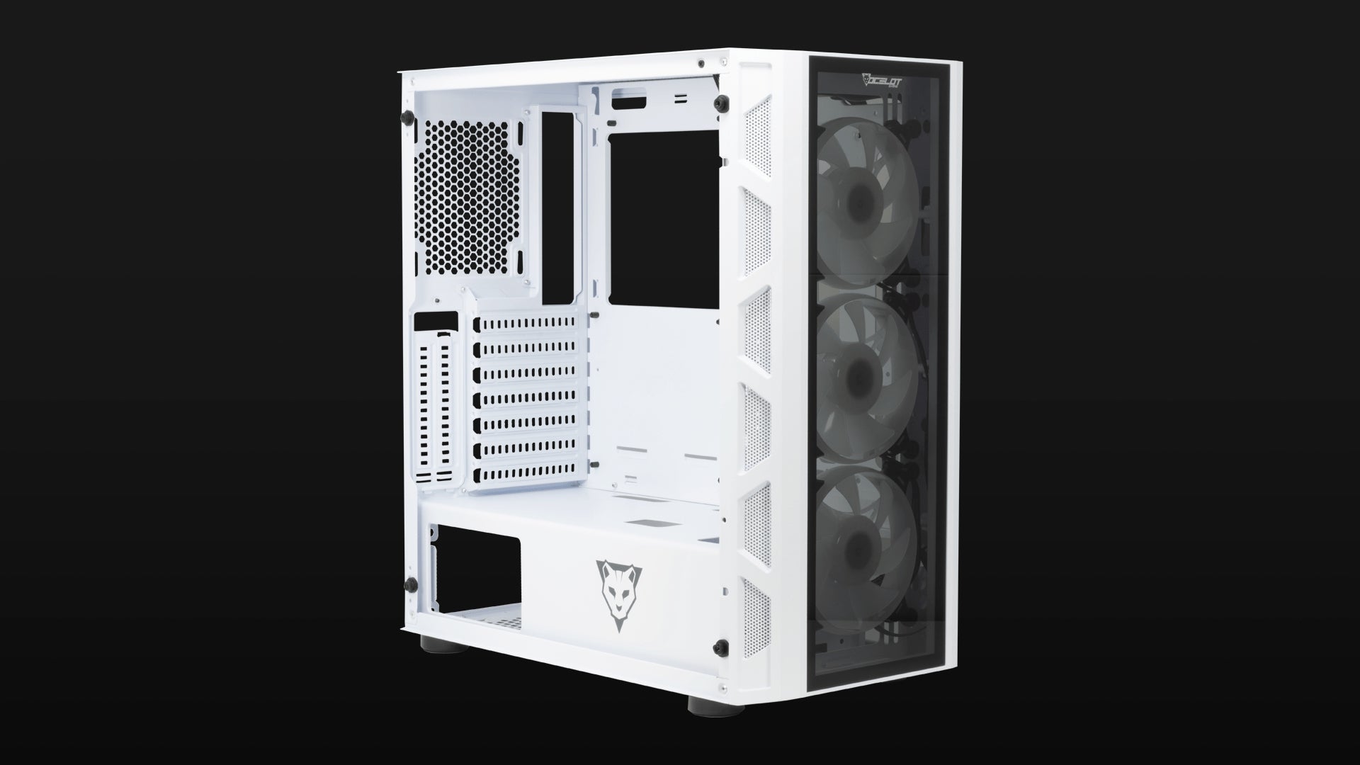 Gabinete Ocelot Gaming Soporta Tarjetas E-Atx , Color Totalmente Blanco Panel Lateral De Cristal Templado, Full Tower, Incluye Ventilaodres Argb, Soprte Para Gpu Horizontal Y Vertical.