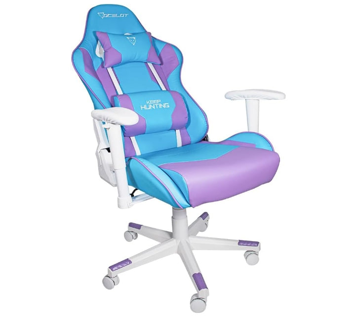 Silla Gamer Ocelot/Color Azul Con Morado/Descansa Brazos Ajustables/ Reclinable 90-155 Grados/ Soporta Hasta 150Kg