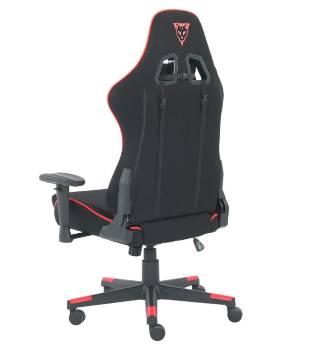 Silla Gamer De Tela Ocelot/ Color Negro Con Rojo/ Base Reforzada De Nylon/ Descansa Brazos Ajustables / Angulo De Inclinacion 155 Grados/ Soporta Hasta 150Kg/ Cojin Para Lumbar Y Cervical