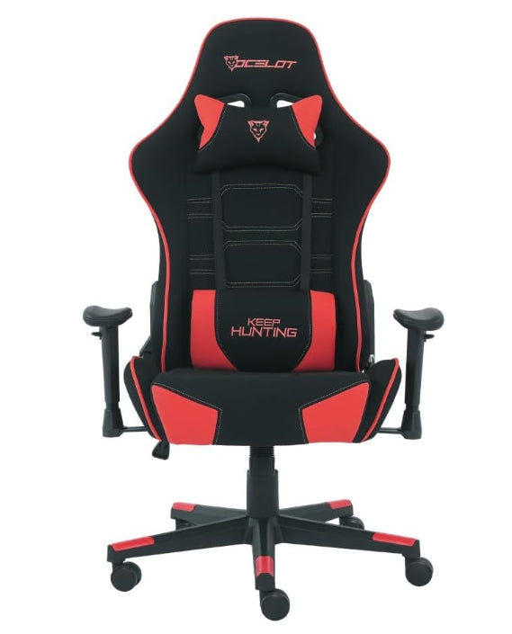 Silla Gamer De Tela Ocelot/ Color Negro Con Rojo/ Base Reforzada De Nylon/ Descansa Brazos Ajustables / Angulo De Inclinacion 155 Grados/ Soporta Hasta 150Kg/ Cojin Para Lumbar Y Cervical