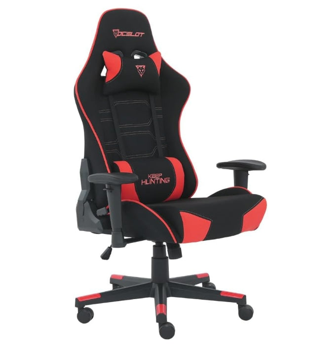 Silla Gamer De Tela Ocelot/ Color Negro Con Rojo/ Base Reforzada De Nylon/ Descansa Brazos Ajustables / Angulo De Inclinacion 155 Grados/ Soporta Hasta 150Kg/ Cojin Para Lumbar Y Cervical