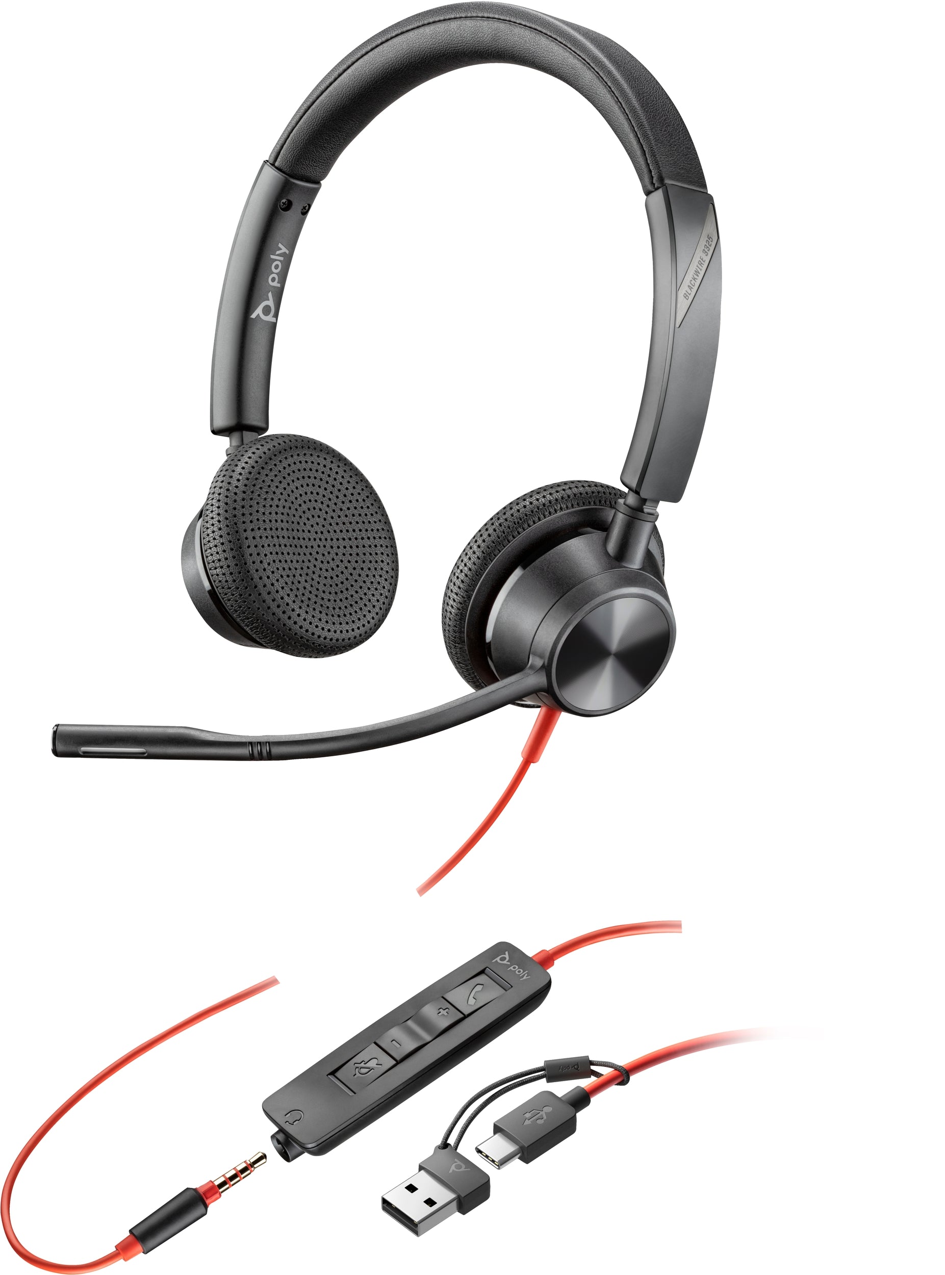 Auriculares Plantronics 3325 Poly Blackwire 3225 Alambricos Usb-C Con Adaptador Usb-C/A Conector 3.5 Mm Binaural