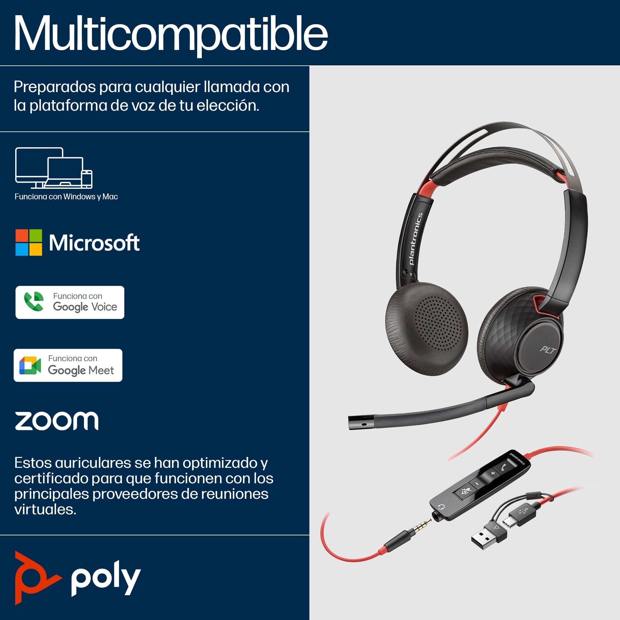 Auriculares Plantronics Bw 5220 Poly Blackwire Alambricos Usb-C Con Adaptador Usb-C/A Conector 3.5 Mm Binaural