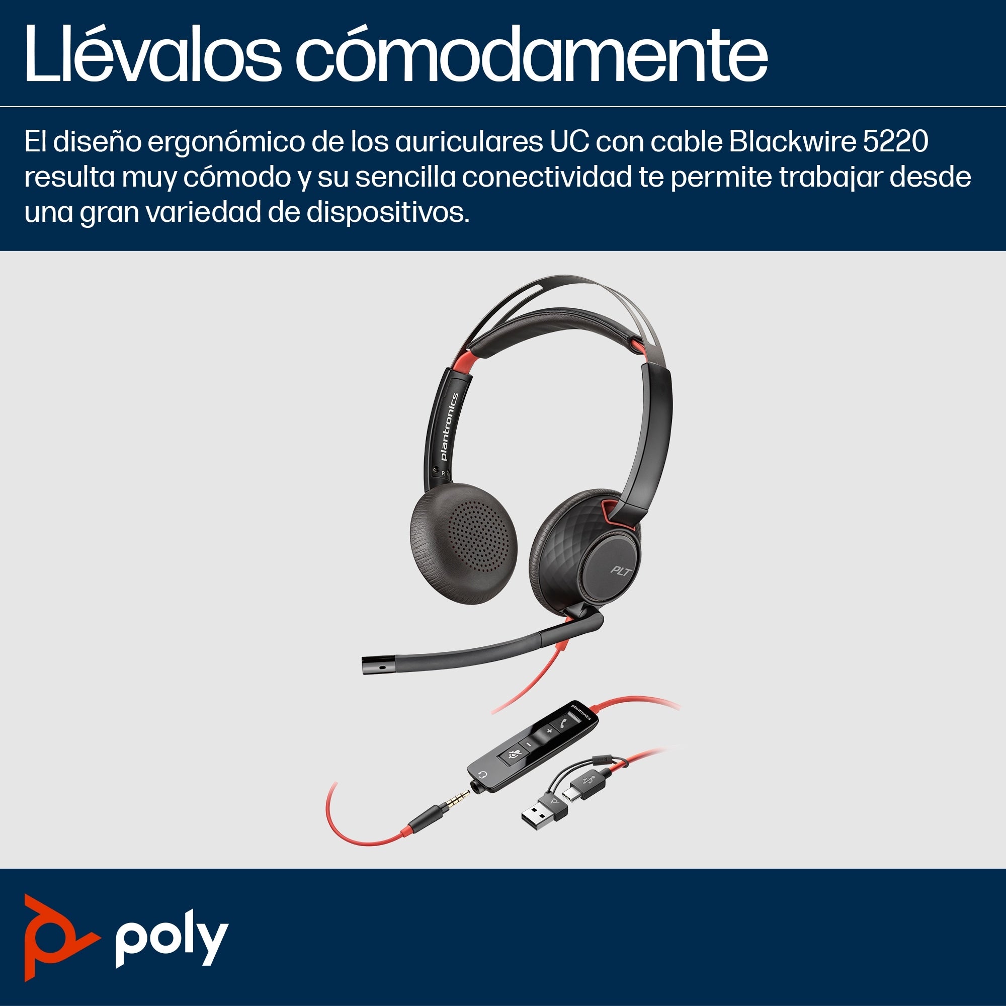 Auriculares Plantronics Bw 5220 Poly Blackwire Alambricos Usb-C Con Adaptador Usb-C/A Conector 3.5 Mm Binaural