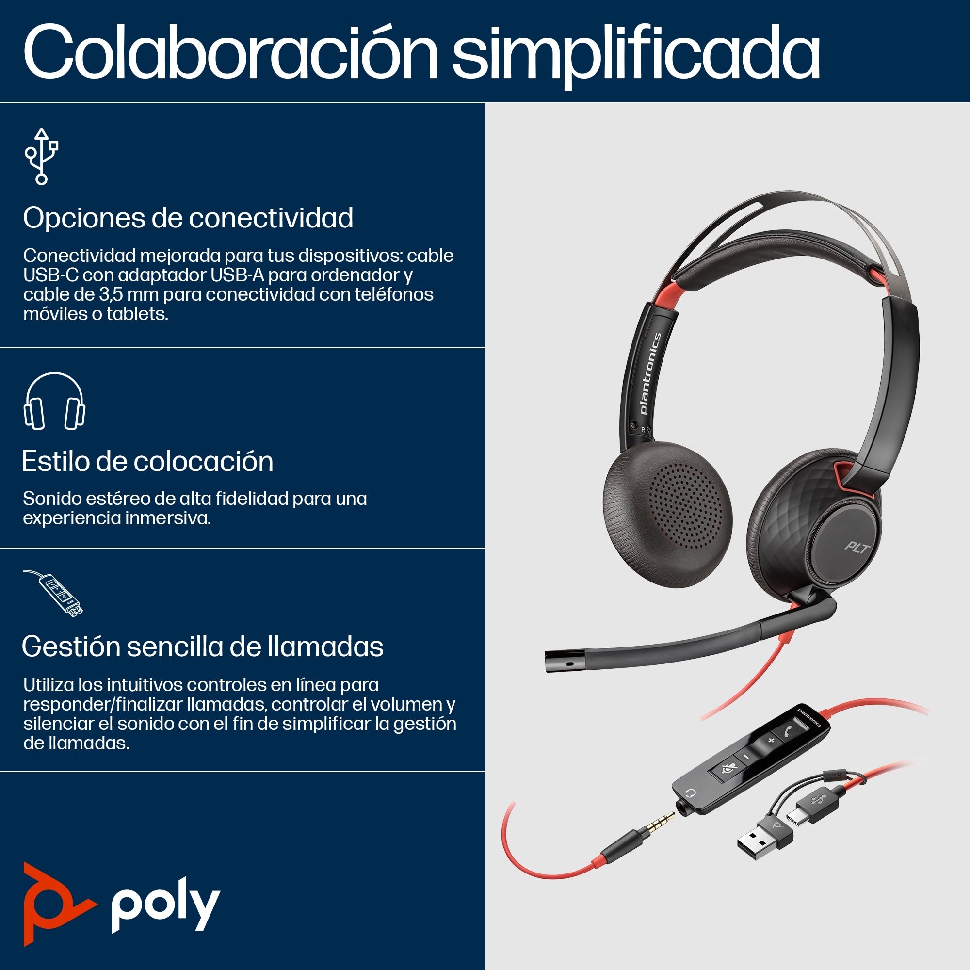 Auriculares Plantronics Bw 5220 Poly Blackwire Alambricos Usb-C Con Adaptador Usb-C/A Conector 3.5 Mm Binaural