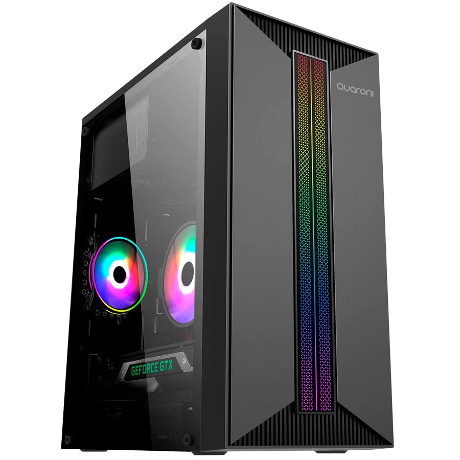 Gabinete Micro Torre Quaroni Micro Atx, Mini Itx/1Usb 2.0 1Usb 3.0/Rgb/Panel Acrilico/Fuente 500 W/Negro