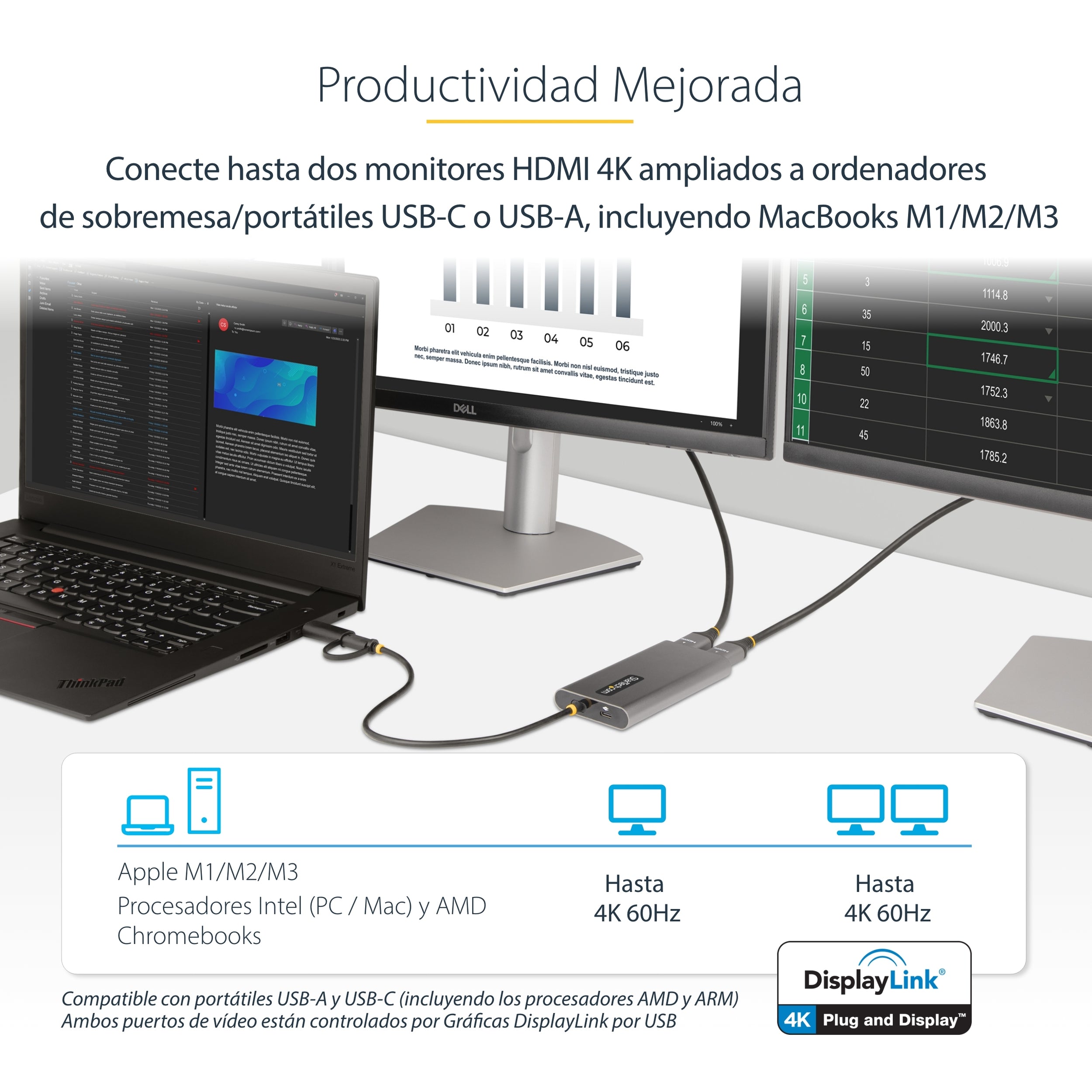 Adaptador Usb-C A Hdmi Doble 4K A 60Hz Pd De 100W Tipo C