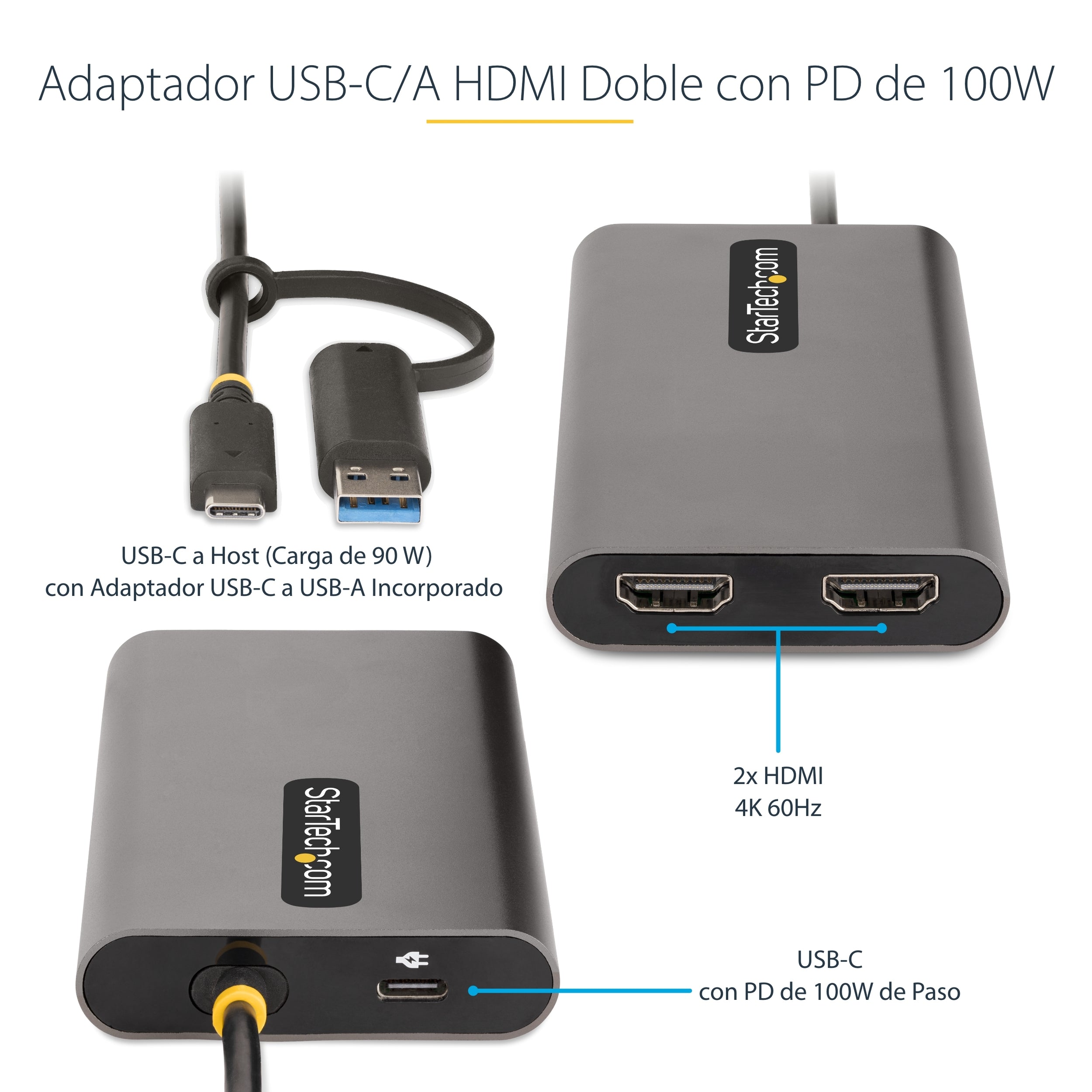 Adaptador Usb-C A Hdmi Doble 4K A 60Hz Pd De 100W Tipo C