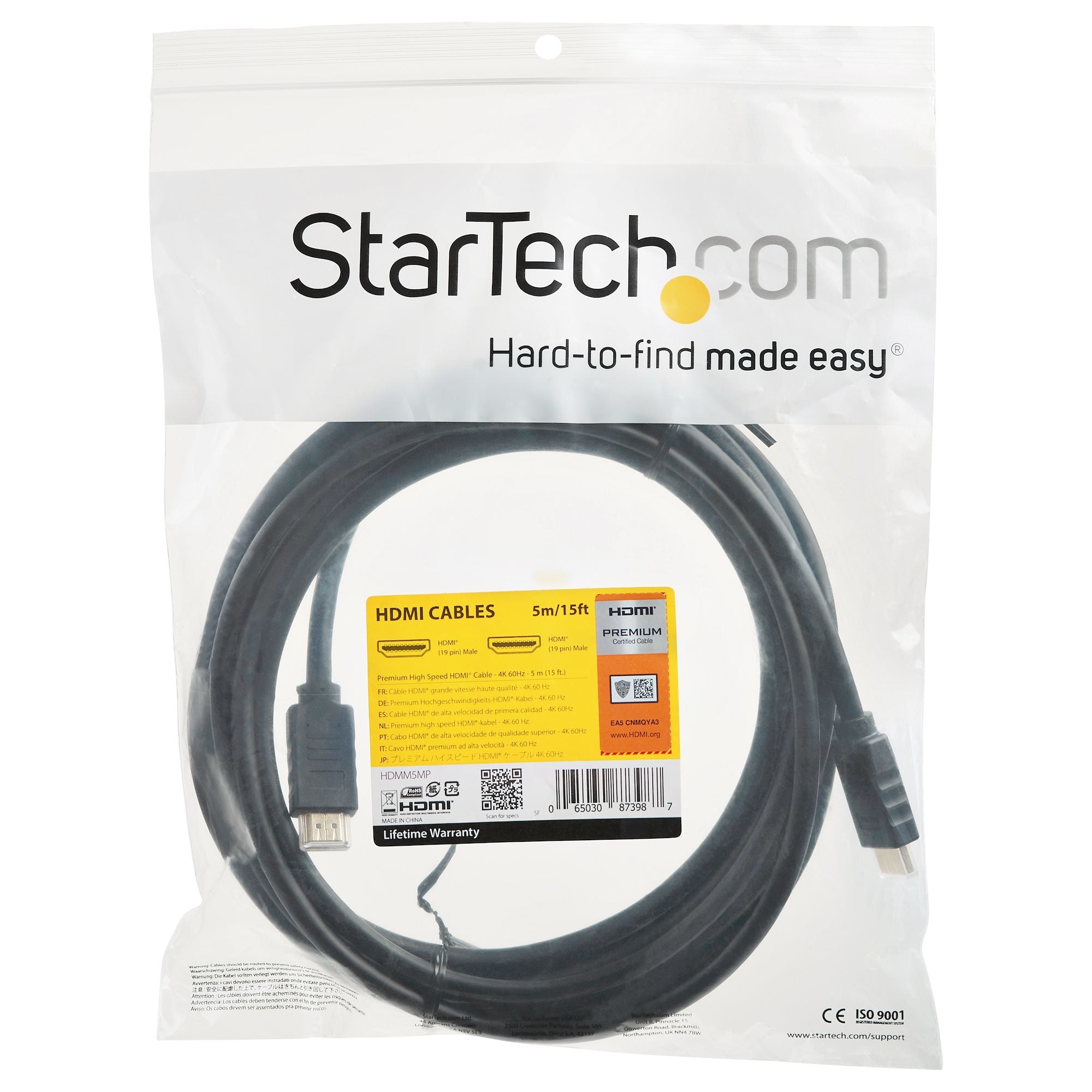 Cable Hdmi De 5M De Alta Velocidad Premium Con Ethernet - 4K 60Hz - Cable Para Blu-Ray Ultrahd 4K 2.0 - Startech.Com Mod. Hdmm5Mp