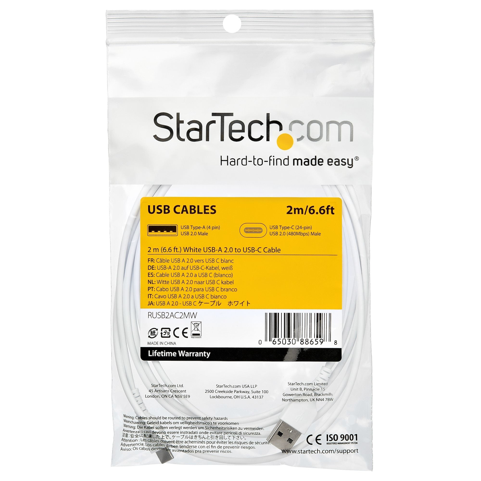 Cable Usb 2.0 A Usb-C De 2 M Blanco - Con Fibra Aramida