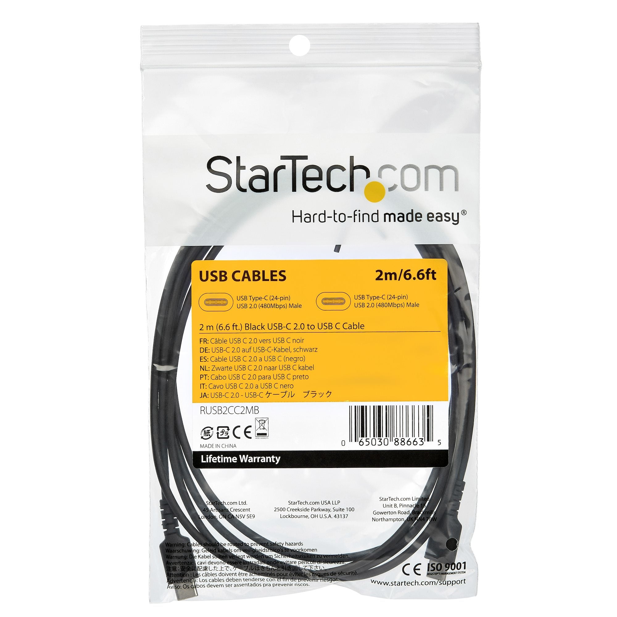 Cable Usb Tipo C De 2 M - Cable Usb C 2.0 Resistente De Carga Y Datos - Macho A Macho - Negro (Rusb2Cc2Mb) - Startech.Com Mod. Rusb2Cc2Mb