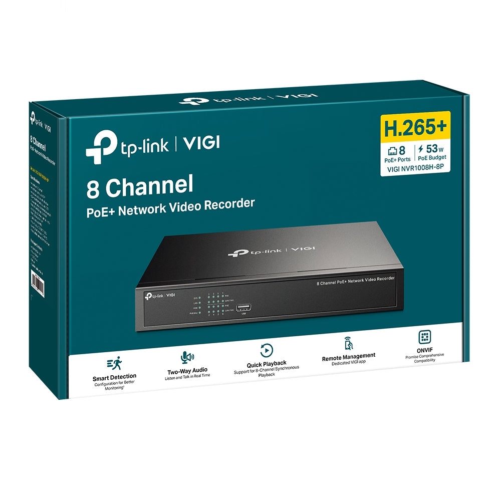 Nvr Tp-Link Vigi Vigi Nvr1008H-8P Nvr Poe 8 Canales Salida De Video 4K Grabacion 24/7 Audio Bidireccional Onvif Montaje En Rack Plug And Play Deteccion Inteligente