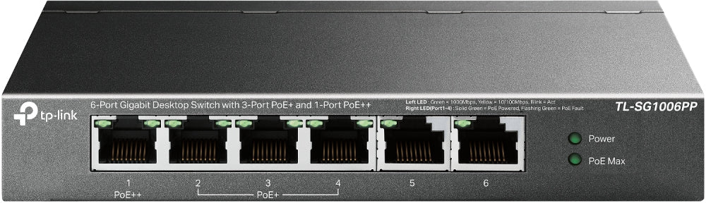 Switch De Escritorio Gigabit Tp-Link 6Ptos 3Poe+ 1Poe++ /Tl-Sg1006Pp