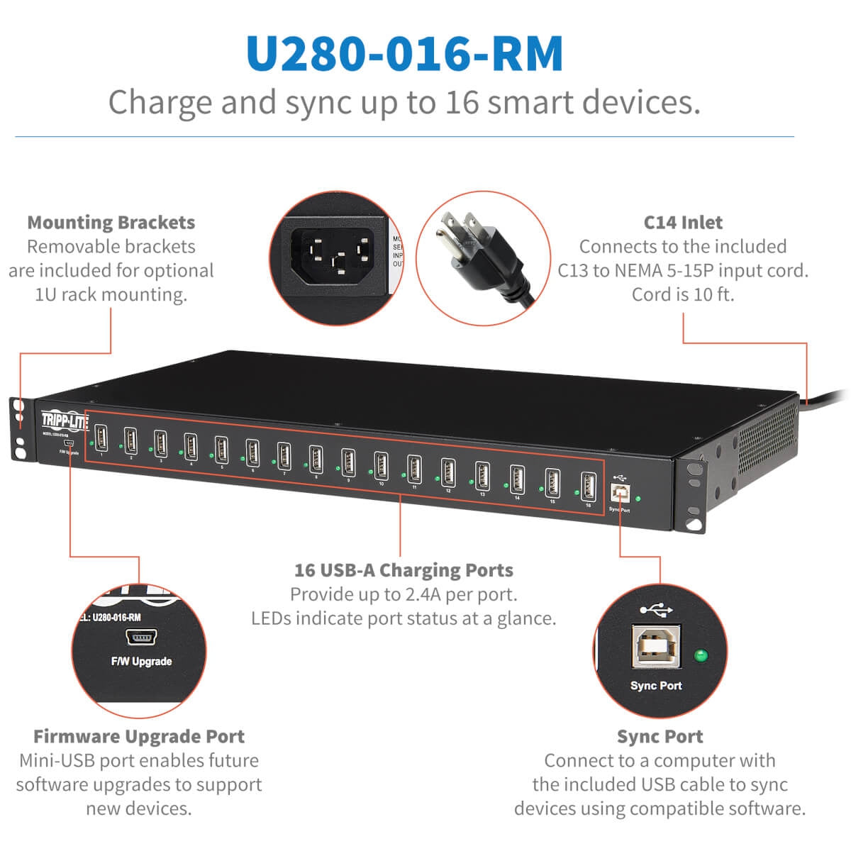 16-Port Usb Charging Station S Yncing Function 5V 40A 200W