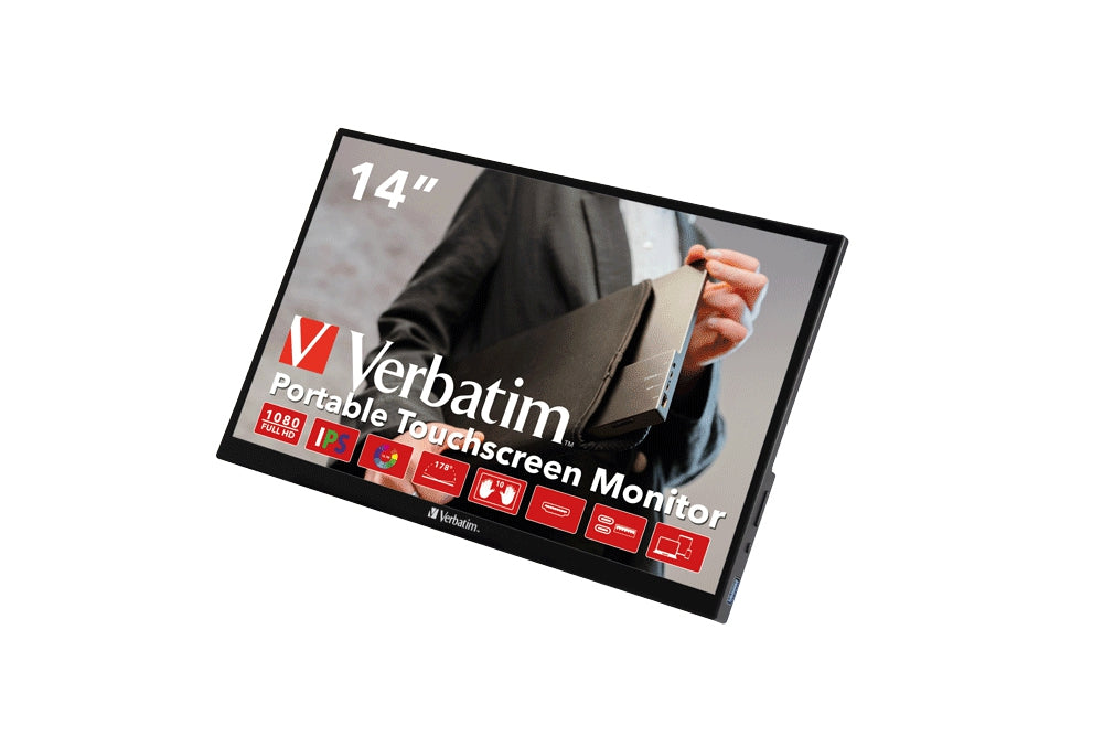 Monitor Verbatim Pmt-14 Touch Portátil Full Hd 1080P De Pulgadas Con Soporte Integrado Inclinación Hasta 85° Y Carcasa Metal