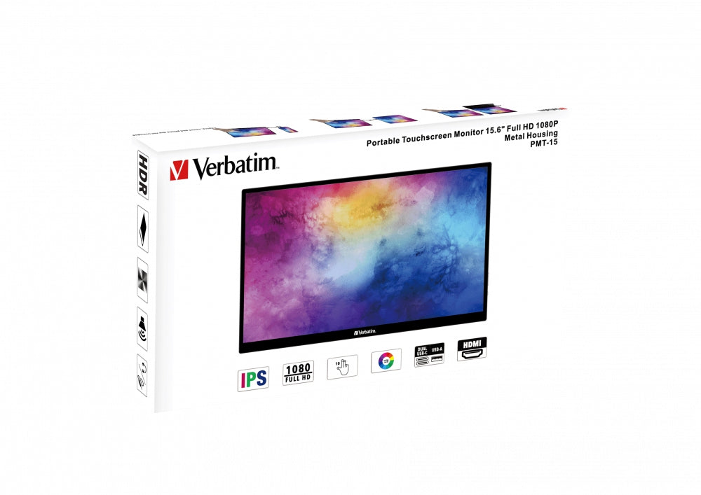 Monitor Verbatim Pmt-15 Touch Portátil Full Hd 1080P De 15.6 Con Soporte Inclinación Hasta 85° Pantalla Funcionalidad Táctil Puntos Tecnología Ips