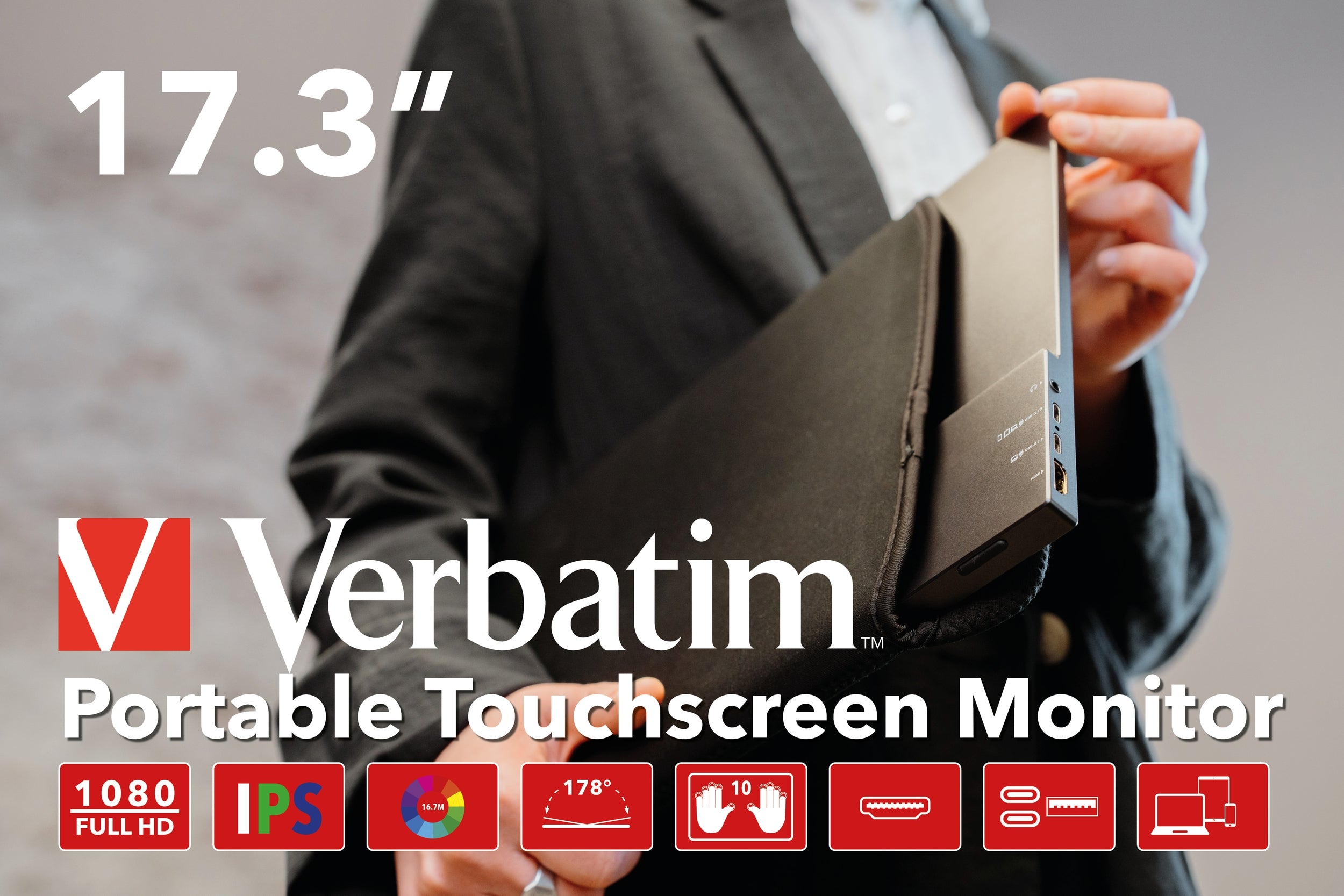 Monitor Verbatim Pmt-17 Touch Portátil Full Hd 1080P De 17.3 Con Soporte Integrado Inclinación Hasta 85° Pantalla Funcionalidad Táctil Puntos Tecnolo