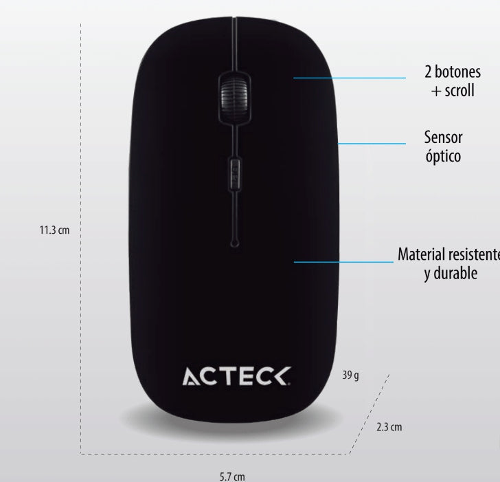 Mouse Acteck Entry Inalámbrico 2.4 Ghz 1600 Dpi 3 Lvls Windows-Linux-Mac Os Slim Negro Optimize Mi210