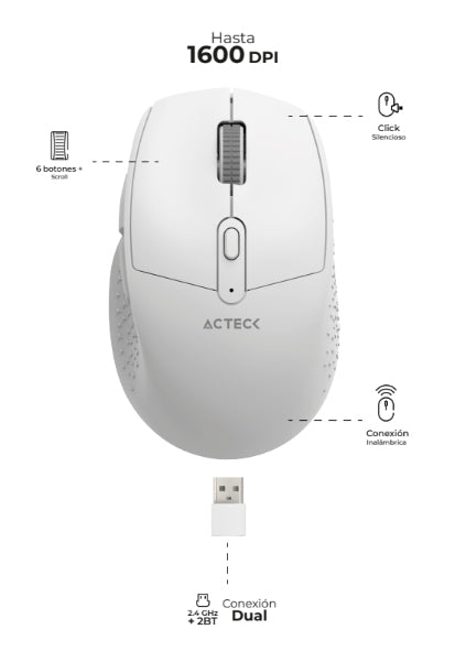 Mouse Inalambrico Multidispositivo Optimize Ergo Mi680 Ac-934084 Acteck / Windows Y Mac / Click Silencioso / 6 Botones + Scroll / 1600 Dpi / Blanco