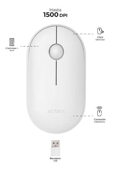 Mouse Inalambrico Acteck Optimize Edge Mi460 /2.4 Ghz / Diseño Delgado / 1500 Dpi / S 2 Botones / 1Xbat Aa Incluida / Blanco / Ac-934114