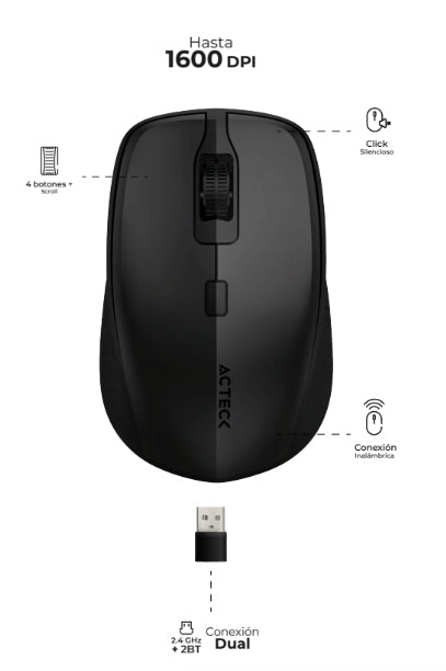 Mouse Inalambrico Doble Conectividad Optimize Trip Mi670 Ac-934121 Acteck / Windows Y Mac / 1600 Dpi / Click Silencioso / 4 Botones + Scroll / Conexion Dual / Multidispositivos / Negro