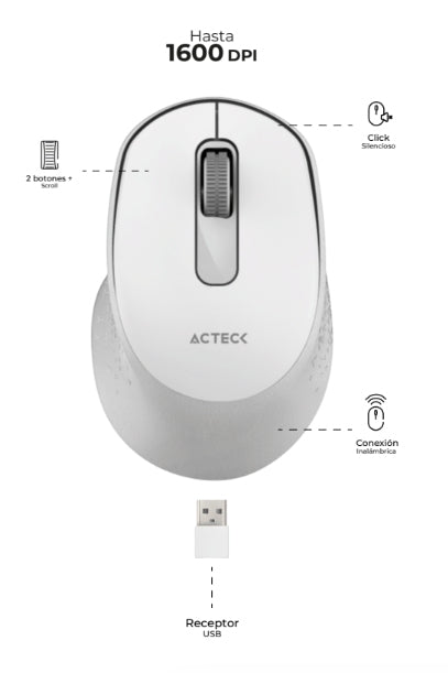 Mouse Inalambrico Acteck Ergo Mi470 /2.4 Ghz / Diseño Ultra Portable / 1600 Dpi / S 2 Botones / 1Xbat Aa Incluida / Blanco / Ac-934152